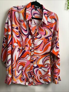 Express Retro Swirl Button-Up Shirt in Pink, Orange & Purple